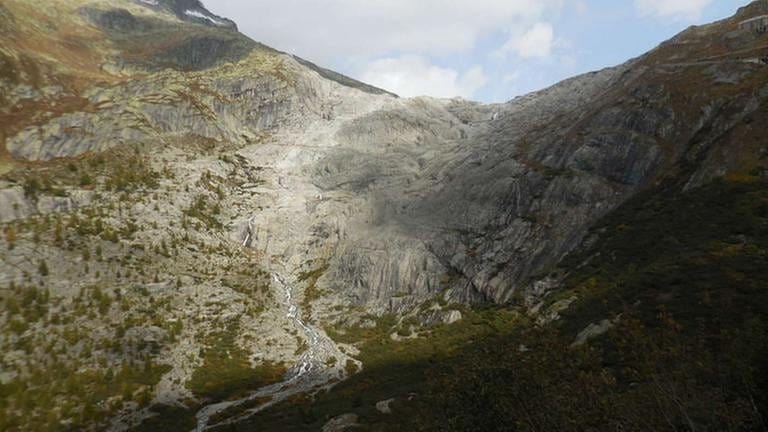 Blick aus der Furkadampfbahn Richtung Rhonegletscher – früher bedeckte das Gletschereis das helle Gestein (Foto: SWR, SWR - Alexander Schweitzer)