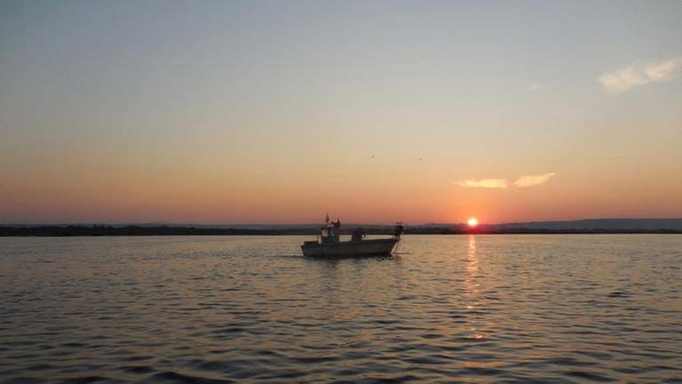 Fischerin Aline Espana bei Sonnenaufgang auf dem Étang de Berre.