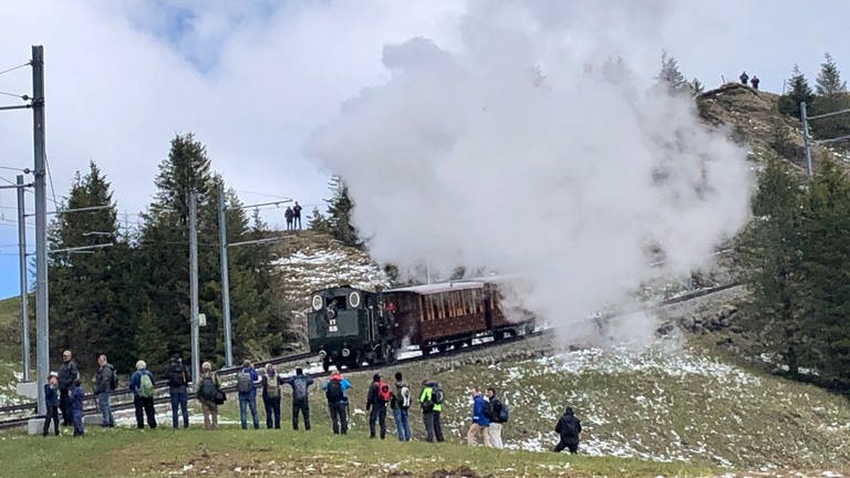 Dampfend schnauft Lok Nr. 17 zum Gipfel, im Visier von Fotografen und zur Freude von Schaulustigen. (Foto: SWR, Kirsten Ruppel)