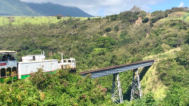 Die St. Kitts Scenic Railway fährt über eine der langen Brücken an der Atlantikseite der Insel. (Foto: SWR, Kirsten Ruppel)