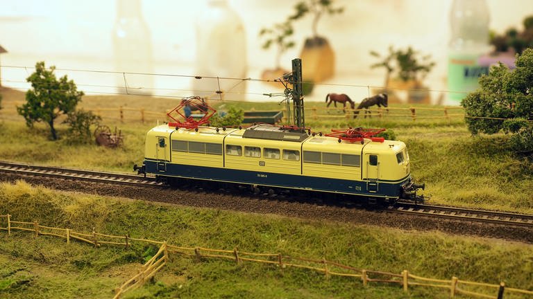 Eine Roco Lok Baureihe 151 der DB steht auf einem FREModul im Keller von Olaf Fröhlich.  (Foto: SWR, Ildico Wille)