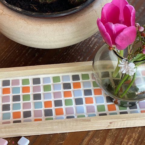 Die Mosaik-Technik eignet sich für alle glatten Oberflächen und kann auf Blumentöpfe, Tischplatten, Böden oder Treppen angewendet werden. (Foto: Parvati Sauer)
