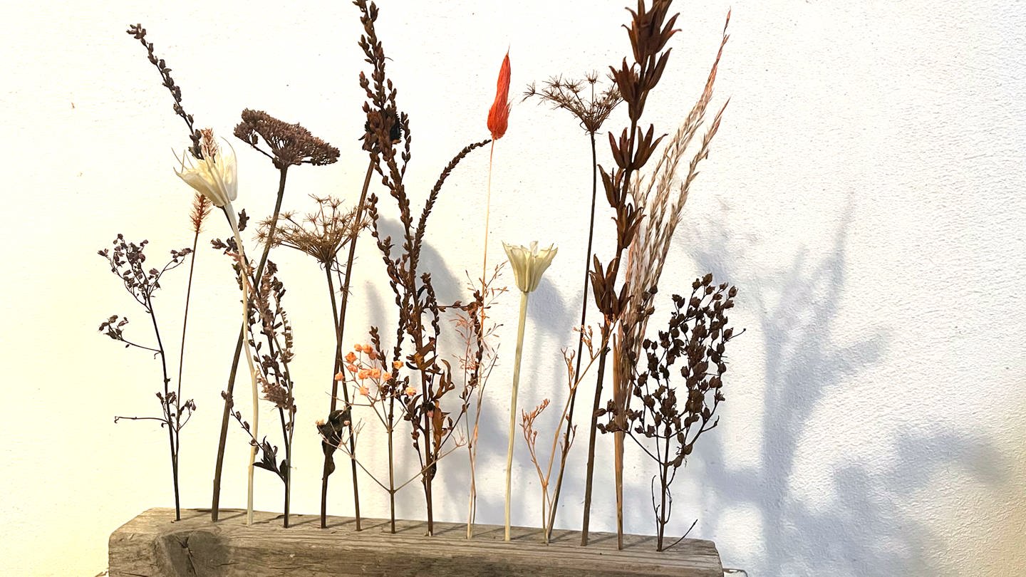 Die getrockneten Blumen und Gräser nun auf der Dekoleiste arrangieren. (Foto: Karolin Happel)
