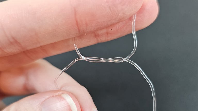 Nun die Nylonschnüre fest verknoten. Die beiden Enden miteinander verschlingen, als man einen normalen Knoten machen möchte. (Foto: Lisa Vöhringer)