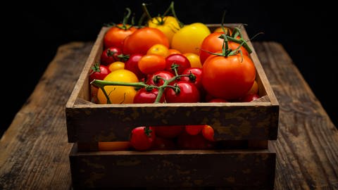 Verschiedene Tomaten in einer Kiste (Foto: IMAGO, Bildnummer: 0102642848)