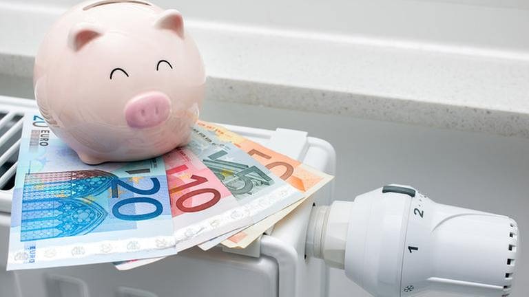 Ein Sparschwein und Geldscheine auf einem Heizkörper. (Foto: Getty Images, Thinkstock -)
