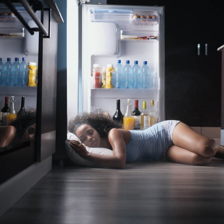 Bei Hitze vor dem Kühlschrank schlafen? Keine gute Idee (Foto: Colourbox)