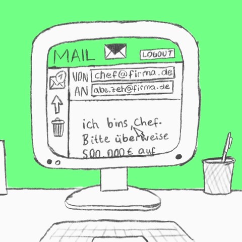 Zeichnung - Computerbildschirm mit gefälschter E-Mail (Foto: SWR)