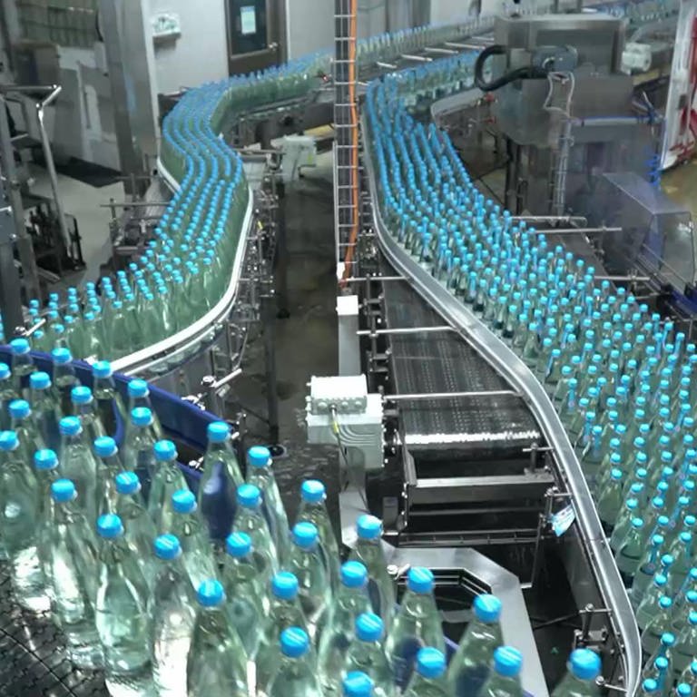 Minderalwasserflaschen laufen über Fließbänder (Foto: SWR)