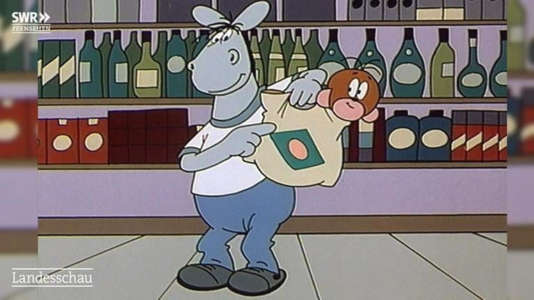 Zeichenfiguren: Pferdle hält eine Tüte in der Hand, in der das Äffle sitzt (Foto: SWR, SWR -)