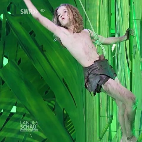 Tarzan-Kinderdarsteller auf der Bühne am Seil