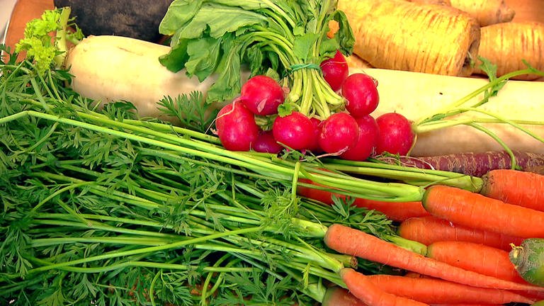 Verschiedene Wurzelgemüse auf dem Markt präsentiert: Karotten, Radieschen, Rettich, Pastinaken, Rote Beete (Foto: SWR)
