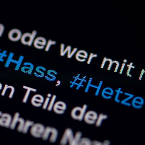 Auf dem Bildschirm eines Smartphones sieht man die Hashtags Hass und Hetze in einem Twitter-Post. (Foto: picture alliance/dpa | Fabian Sommer)