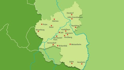 Grafik mit Kartendarstellung von Rheinlandpfalz. Darauf gekennzeichnet: 17 Mittelzentren, die nicht an das Bahnnetz angeschlossen sind. (Foto: SWR)