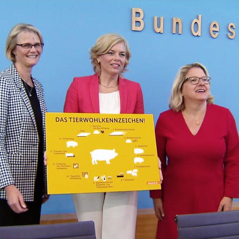 Ministerinnen präsentieren eine Grafik mit den Mermalen des neuen Tierwohl-Labels: Von links nach rechts: Ministerinnen Anja Karliczek, Julia Klöckner und Svenja Schulze (Foto: SWR)