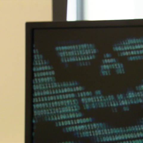 Mann im Profil sichtbar schaut auf Computer-Monitor mit einer Totenkopf-Darstellung (Foto: SWR)