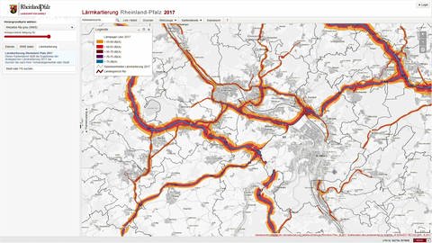 Karte von rheinlandpfälzischen verkehrswegen mit hoher Lärmbelastung (Foto: SWR)