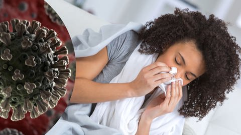 Allergiegeplagte Frau putzt sich die Nase, im Vordergrund Grafik des Corona-Virus (Foto: Colourbox)
