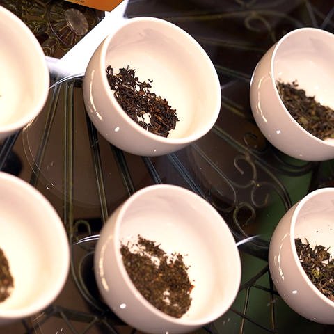 Sechs Teeschalen mit Teeblättern - drei Tee-Hersteller im Check: Dreimal loser Darjeeling im Vergleich zu dreimal Beuteltee mit Darjeeling. (Foto: SWR, SWR Marktcheck)