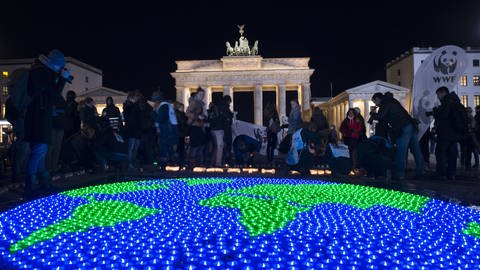 Eine Weltkugel aus LED-Lichtern leuchtet anlässlich der weltweiten "Earth Hour". Damit will die Organisation World Wide Fund For Nature ein Zeichen für Klimaschutz setzen. (Foto: dpa Bildfunk, picture alliance/picture alliance / Paul Zinken/dpa)