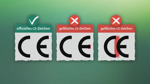 Gefälschte CE-Kennzeichen: Bei einem ist der Abstand der Buchstaben zu gering, beim anderen der Strich beim E zu lang (Foto: SWR)
