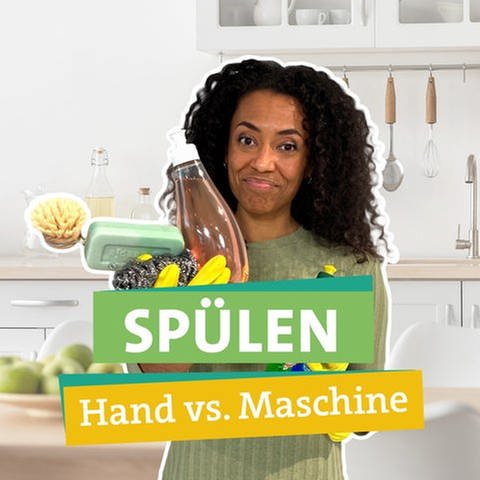 Ökocheckerin Anne steht in einer Küche. In ihrer Hand hält sie verschiedene Spülbürsten, Schwämme, Spülmittel, Schwammtücher und Co. Wie spült es sich am nachhaltigsten? (Foto: SWR)