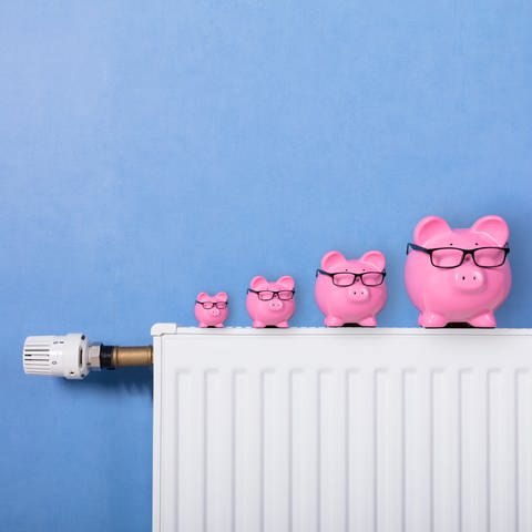 Fünf pinke Sparscheine mit Brillen stehen auf einem Heizkörper vor einer blauen Wand. (Foto: Getty Images, Getty Images/iStockphoto)