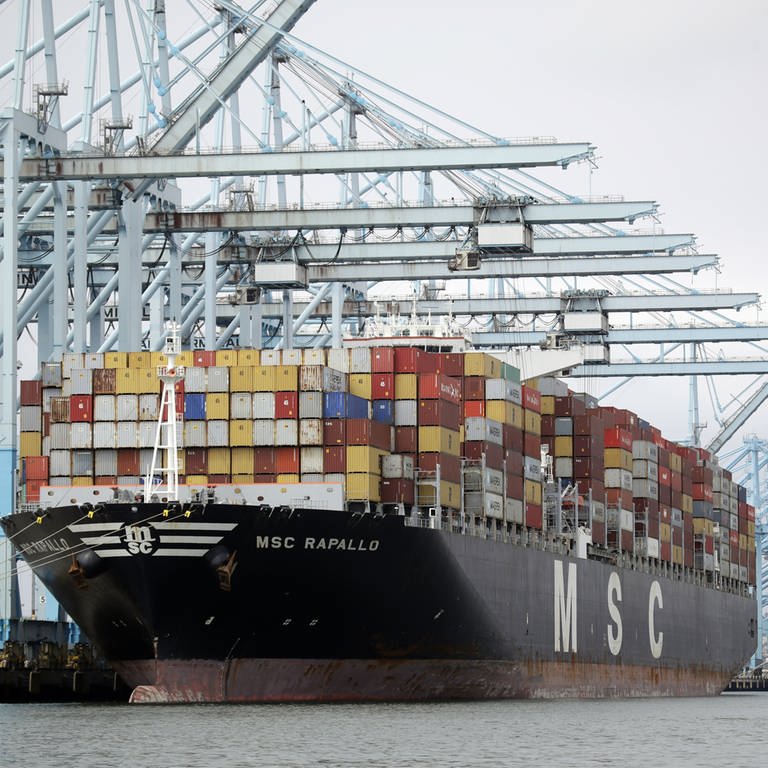 ein Containerschiff steht am Hafen von Los Angeles (Foto: SWR, picture alliance/Marcio Jose Sanchez/AP/dpa)