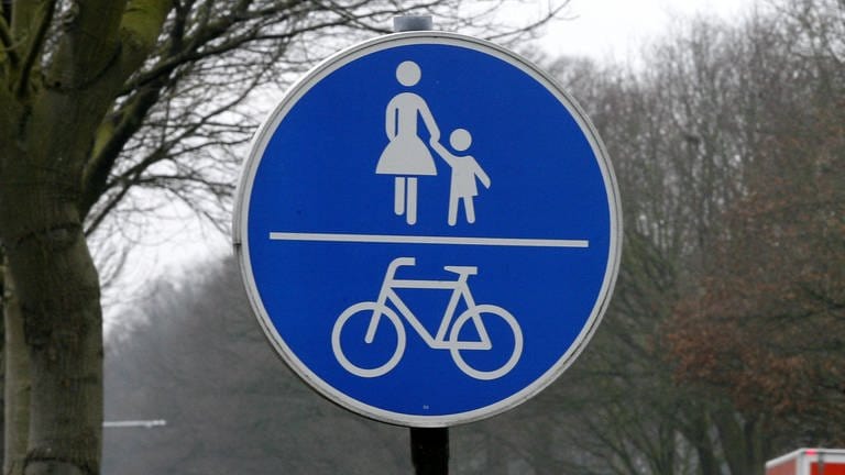 An einem weg neben einer Straße steht ein blaues Schild. Oben ist eine Mutter mit Kind, unter einem waagrechten Strich ein Fahrrad abgebildet. Es weist einen gemeinsamen Rad- und Fußweg aus. (Foto: dpa Bildfunk, Picture Alliance)
