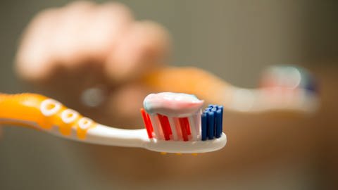 Eine Hand hält eine Zahnbürste mit Zahnpasta vor einem Spiegel.  (Foto: dpa Bildfunk, Arno Burgi/dpa bildfunk)