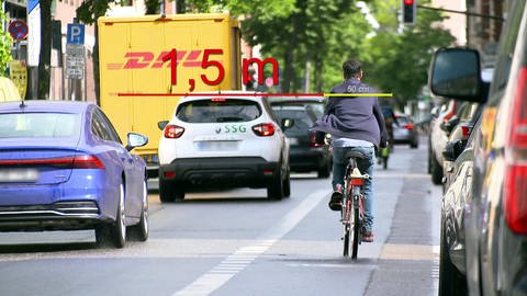 Fahrradfahrer auf dem Radweg im Verkehr: 1,50 Meter oder gedanklich drei Fahrradfahrer nebeneinander: So viel Abstand müssen Autofahrer innerorts zu Fahrradfahrern halten. (Foto: SWR, SWR)