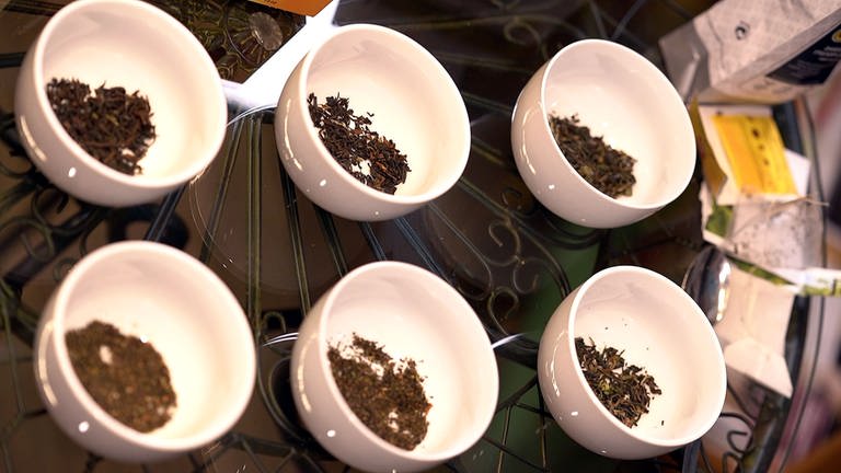 Sechs Teeschalen mit Teeblättern - drei Tee-Hersteller im Check: Dreimal loser Darjeeling im Vergleich zu dreimal Beuteltee mit Darjeeling. (Foto: SWR, SWR Marktcheck)