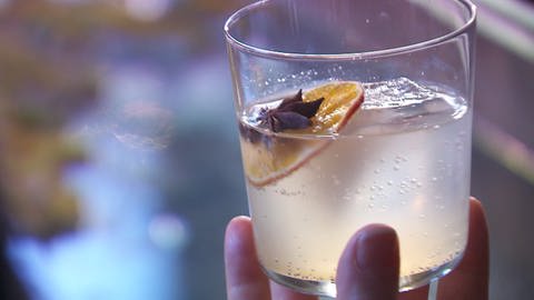 Ein Glas mit Gin Tonic. Darin schwimmt eine Scheibe Mandarine und Sternanis. (Foto: SWR)