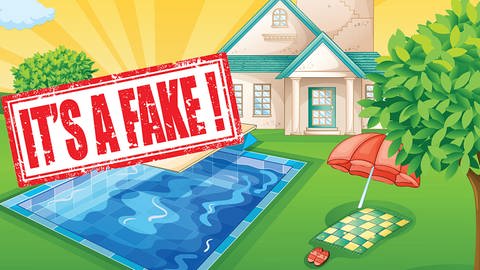 Zeichnung eines Hauses mit Pool und dem Stempel "It!s a Fake" (Foto: Colourbox)