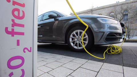 Ein Elektroauto wird mit einem Kabel an einer E-Ladesäule mit der Aufschrift "Co2-frei" aufgeladen.  (Foto: dpa Bildfunk, Picture Alliance)