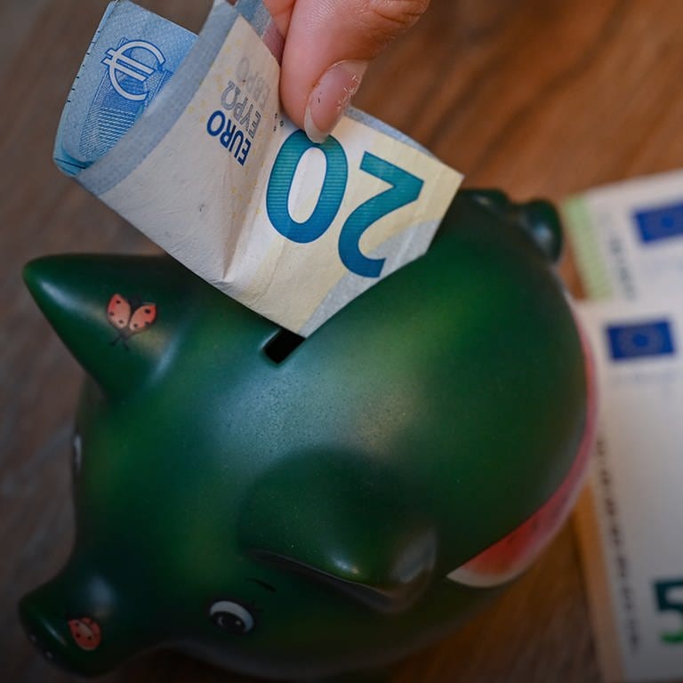 Geldschein in Sparschwein und weitere Geldscheine im Hintergrund, Geld sinnvoll anlegen (Foto: dpa Bildfunk, Picture Alliance / Patrick Pleul)