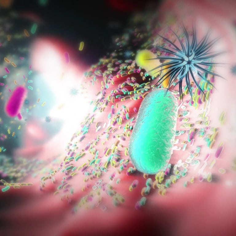 Animation des Inneren eines Darms mit seinem aus Bakterien, Viren und Pilzen bestehenden Mirkobiom. Wie beeinflusst der Darm unsere Gesundheit? (Foto: SWR)