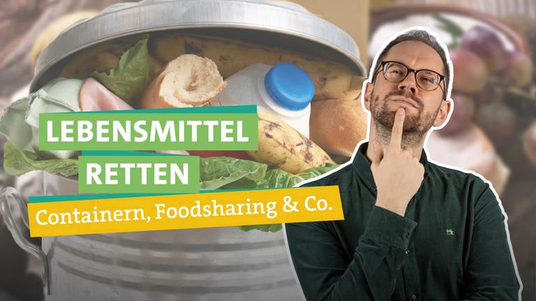 Ökochecker Tobias Koch steht vor übervollem Mülleimer. Lebensmittel retten, Containern, Food Sharing (Foto: SWR)