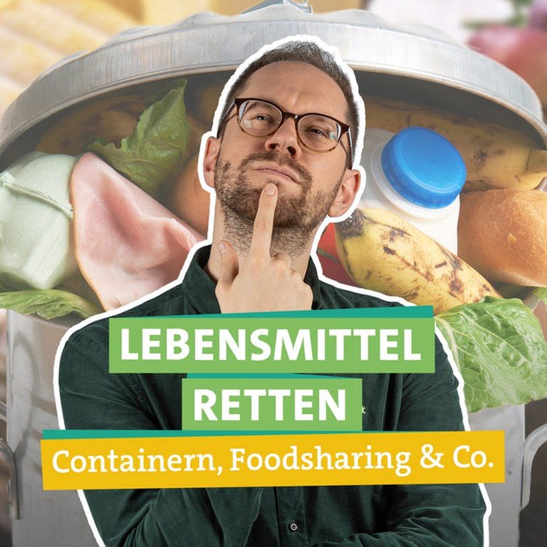 Ökochecker Tobias Koch steht vor übervollem Mülleimer. Lebensmittel retten, Containern, Food Sharing (Foto: SWR)