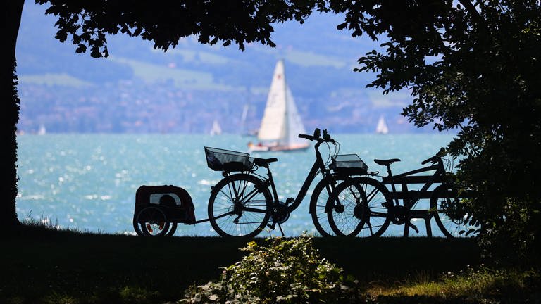 Segelboote fahren hinter am Ufer abgestellten Fahrrädern über den Bodensee. (Foto: dpa Bildfunk, Picture Alliance)