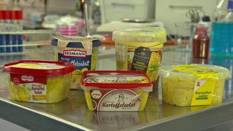 Fünf Fertig-Kartoffelsalate stehen zum Vergleich nebeneinander. Kartoffelsalate gibt es auch bei Kaufland. (Foto: SWR)