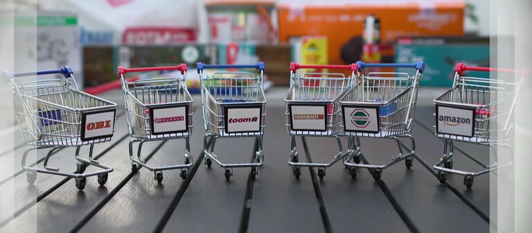 Spielzeug-Einkaufswagen stehen auf einem Tisch. Welcher Baumarkt hat am Besten abgeschnitten?  (Foto: SWR)