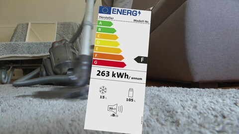 Zu sehen ist ein Energieeffizienzlabel mit den unterschiedlichen Kategorien von grün A bis rot G. Darunter zu lesen 263 kWhannum.  (Foto: SWR)