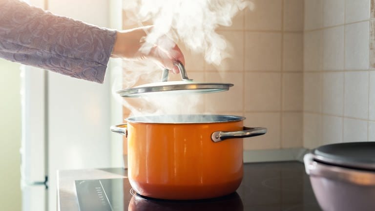 Energie- und Stromsparen in der Küche: Eine Hand setzt einen Deckel auf einen Kochtopf mit dampfendem Inhalt. (Foto: Colourbox, COLOURBOX49613468)