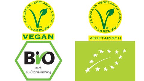 Vier verschiedene Logos: Vegan, Vegetarisch, Bio, EU Organic Logo (Foto: Pressestelle, V-Label, Bundesministerium für Ernährung und Landwirtschaft, Europäische Kommission,  Collage SWR)