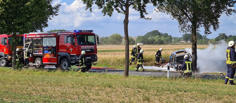 Feuerwehrleute löschen das Unfallwrack eines E-Autos.  (Foto: dpa Bildfunk, Picture Alliance)