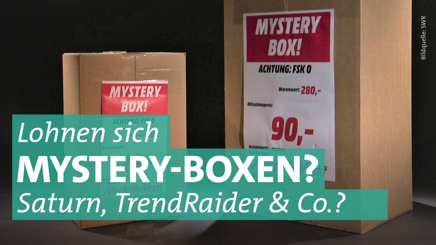Zwei Mystery Boxen von MediaMarkt stehen nebeneinander. Auf den Kartons sind Warenwert und Kaufpreis angegeben. (Foto: SWR)