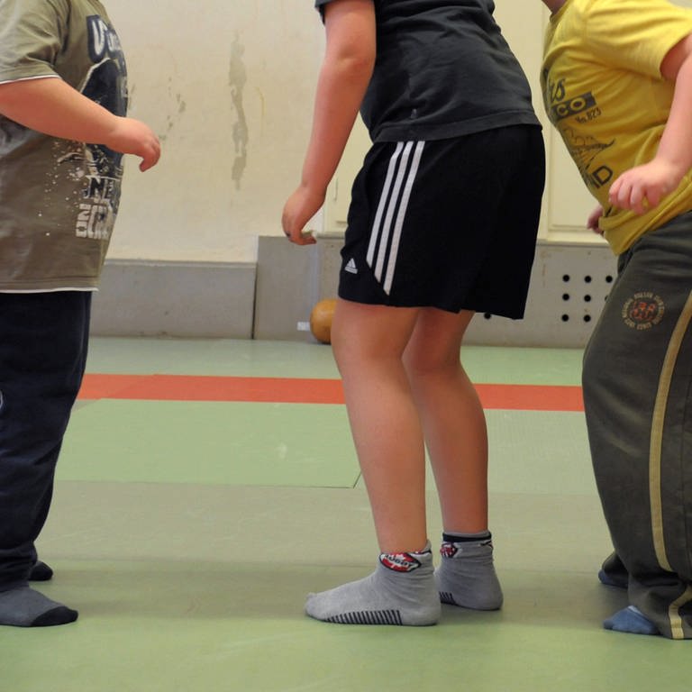 Kinder mit Übergewicht setzen in einer Sporthalle zum Sprung an (Foto: dpa Bildfunk, Picture Alliance)