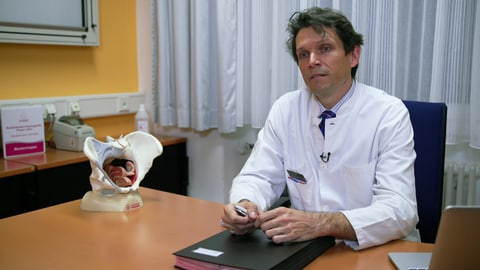 Prof. Markus Hübner, Urogynäkologe am Uniklinikum Freiburg, sitzt an einem Tisch, neben ihm das Model eines Beckenbodens