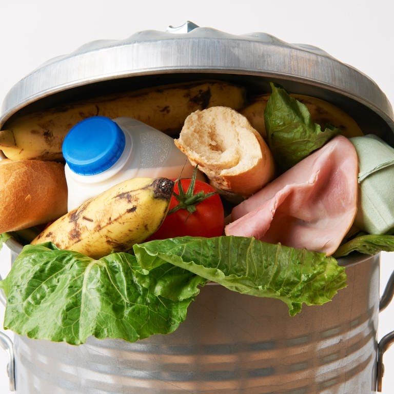 Essensreste im Abfalleimer. Viele Lebensmittel und Essenreste landen umsonst im Müll.